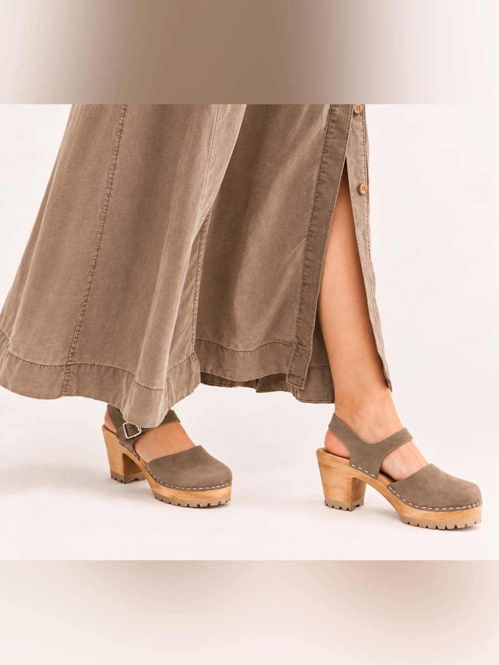 MIA x Free People Abba Swedish Wood Clogs Taupe Suede Leather Size 37 US 6.5-7